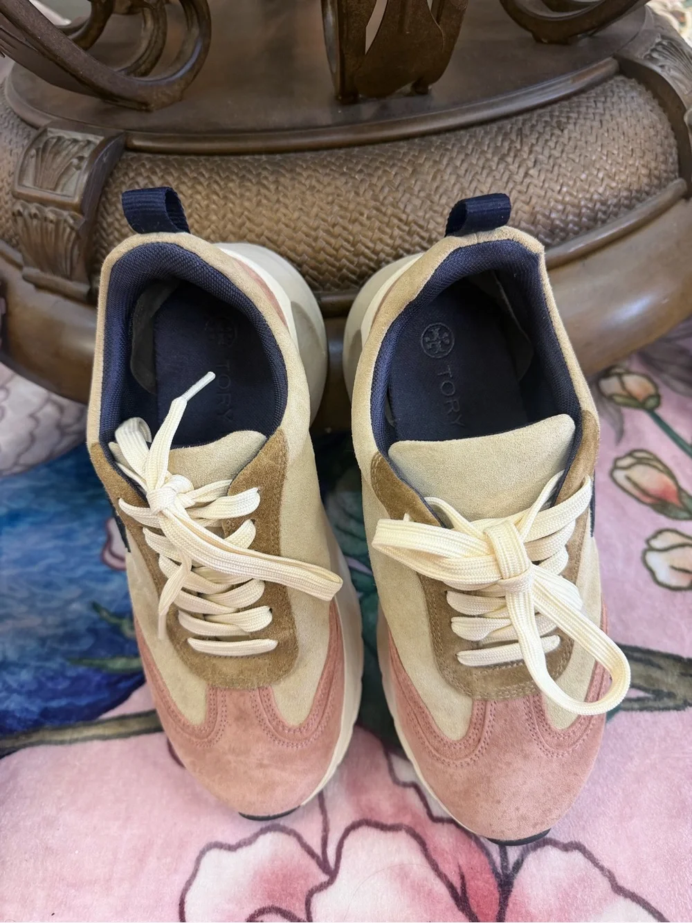 Tory Burch Suede Colorblock Athletic Sneakers in Pink, Tan & Navy